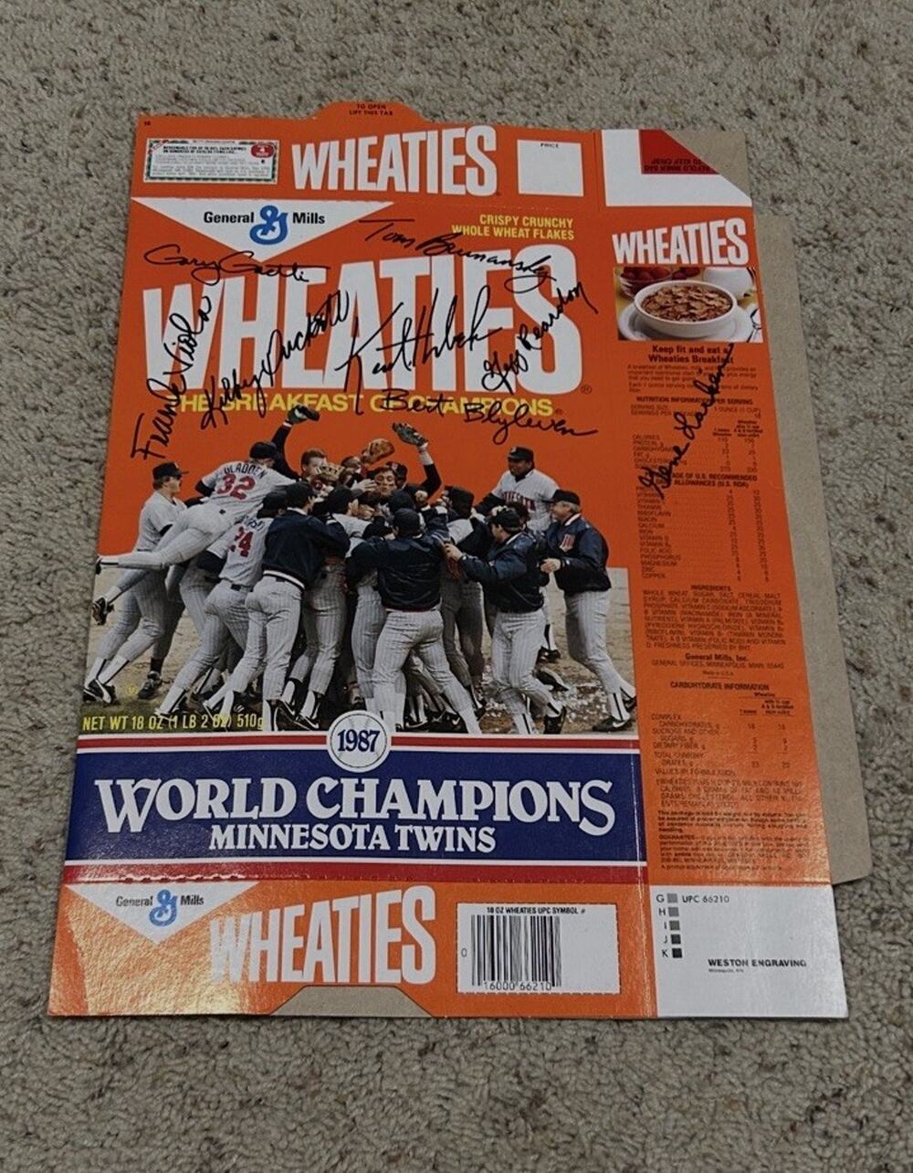 SIGNED WHEATIES Cereal BOX 1987 MINNESOTA TWINS WORLD CHAMPIONS B26